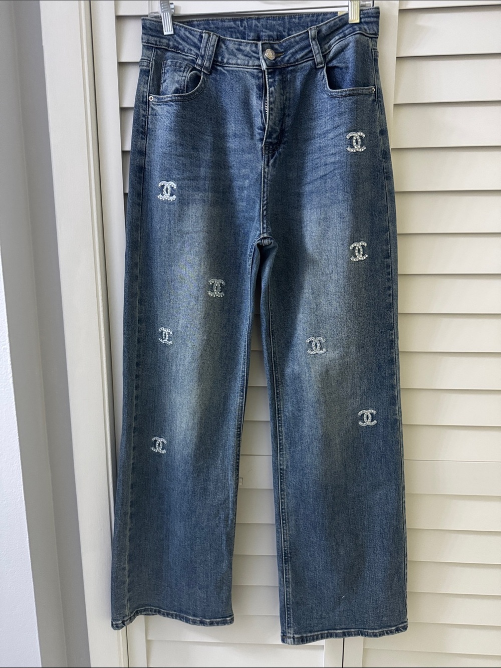 Blue Straight-Leg Jeans with Crystal CC Logos